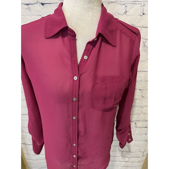 Guess Pink Button Down Roll Tab Long Sleeve Sheer Blouse Top Size Small - Picture 2 of 7
